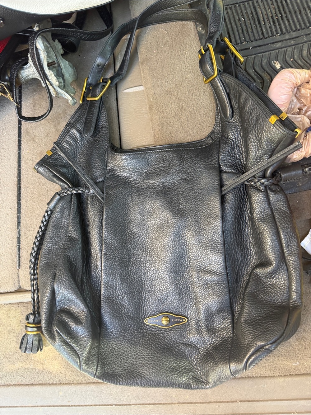 Elliott Lucca Black Pebbled Leather Shoulder Bag with Gold Hardware